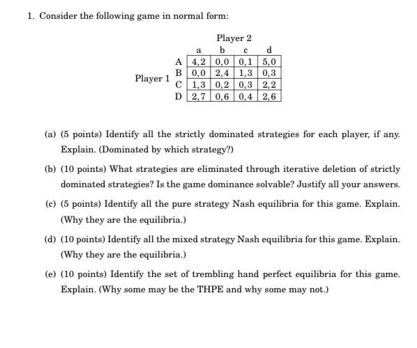 1 Consider The Following Game In Normal Form Player 2 A B C D A 4 2 0 0 0 1 5 0 B 0 0 2 4 1 3 0 3 C 1 3 0 2 0 3 2 2 D 1