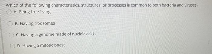 Which Of The Following Characteristics Structures Or Processes Is Common To Both Bacteria And Viruses A Being Free L 1