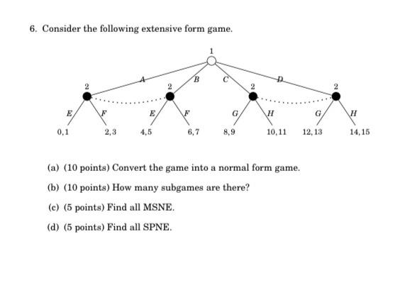 6 Consider The Following Extensive Form Game B 2 E F E F G H G H 0 1 2 3 4 5 6 7 8 9 10 11 12 13 14 15 A 10 Points 1