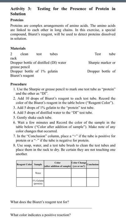 Activity 3 Testing For The Presence Of Protein In Solution Proteins Proteins Are Complex Arrangements Of Amino Acids T 1