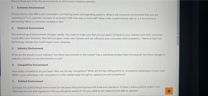 Discuss Three Out Of The Five Environments In Which Your Company Operates 1 Economic Environment Discuss Factors That A 1