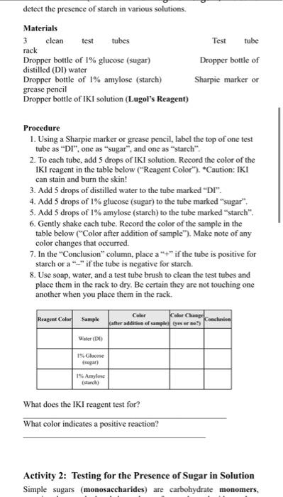 Detect The Presence Of Starch In Various Solutions Materials 3 Clean Test Tubes Rack Dropper Bottle Of 1 Glucose Suga 1