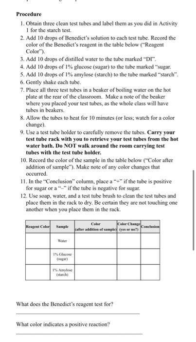 Procedure 1 Obtain Three Clean Test Tubes And Label Them As You Did In Activity I For The Starch Test 2 Add 10 Drops 1