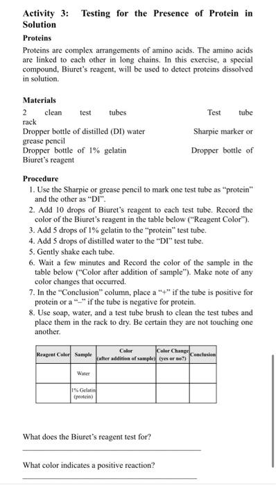 Activity 3 Testing For The Presence Of Protein In Solution Proteins Proteins Are Complex Arrangements Of Amino Acids T 1