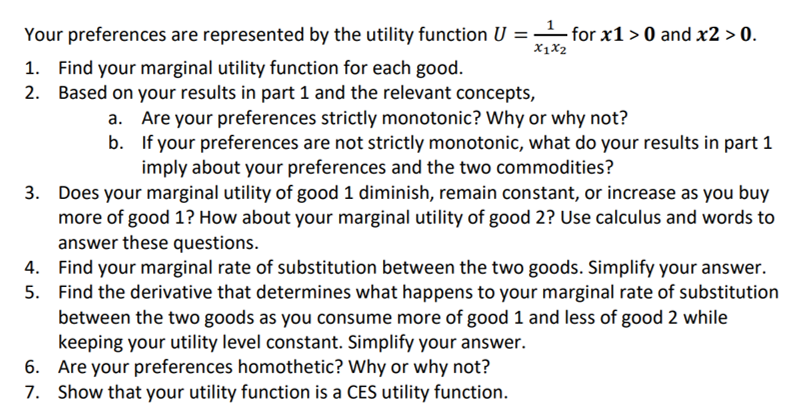 Your Preferences Are Represented By The Utility Function U 1 For X1 0 And X2 0 X1x2 1 Find Your Marginal Utility F 1