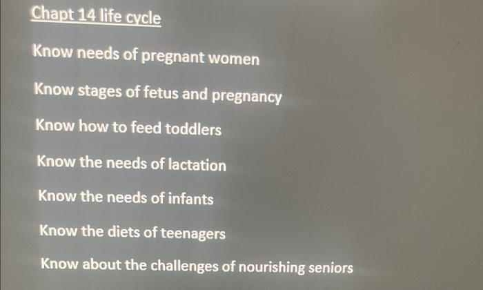 Chapt 14 Life Cycle Know Needs Of Pregnant Women Know Stages Of Fetus And Pregnancy Know How To Feed Toddlers Know The N 1