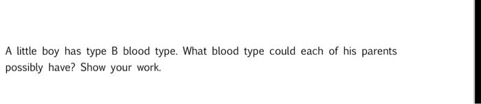 A Little Boy Has Type B Blood Type What Blood Type Could Each Of His Parents Possibly Have Show Your Work 1