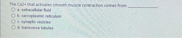 The Ca2 That Activates Smooth Muscle Contraction Comes From A Extracellular Fluid B Sarcoplasmic Reticulum C Synapti 1