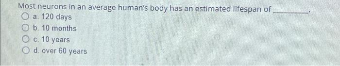 Most Neurons In An Average Human S Body Has An Estimated Lifespan Of A 120 Days B 10 Months C 10 Years D Over 60 Yea 1