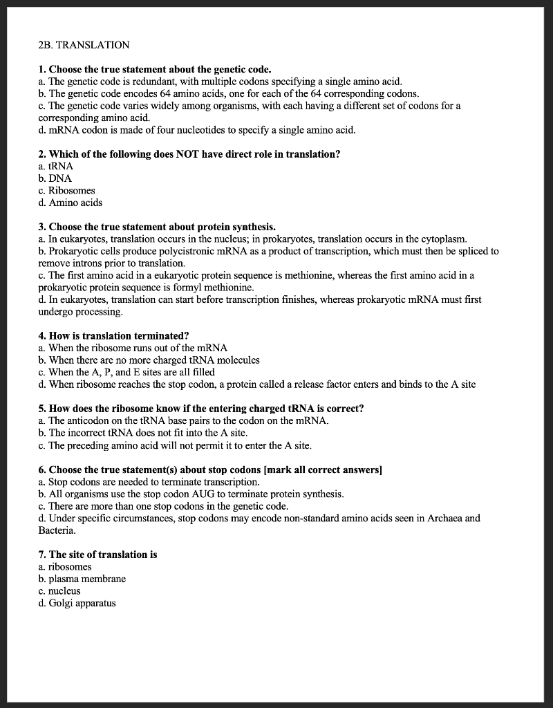 2b Translation 1 Choose The True Statement About The Genetic Code A The Genetic Code Is Redundant With Multiple Cod 1