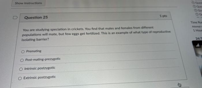 Question 21 Which Is The Most Likely Order Of Events That Could Lead To Allopatric Speciation O Geographic Separation 5