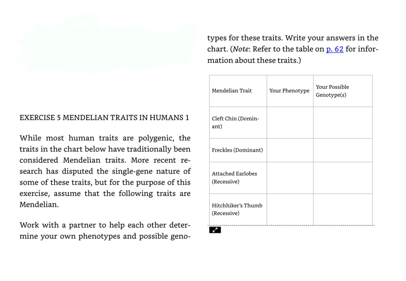 Exercise 5 Mendelian Traits In Humans 1 While Most Human Traits Are Polygenic The Traits In The Chart Below Have Tradit 1