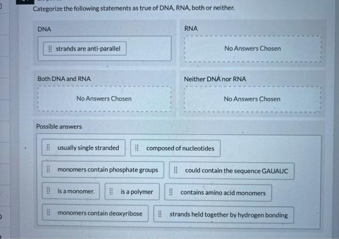 3 D Categorize The Following Statements As True Of Dna Rna Both Or Neither Dna Strands Are Anti Parallel Both Dna And 1