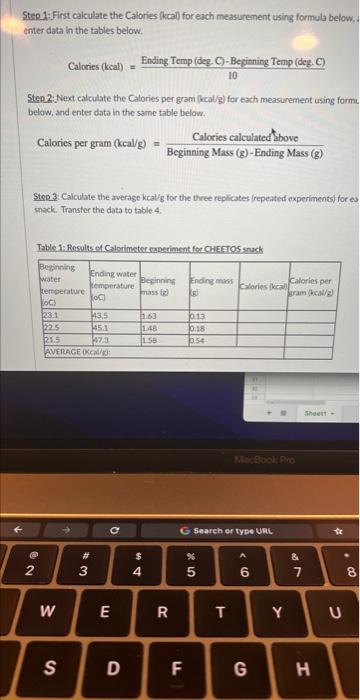 Step 1 First Calculate The Calories Kcal For Each Measurement Using Formula Below Enter Data In The Tables Below 1