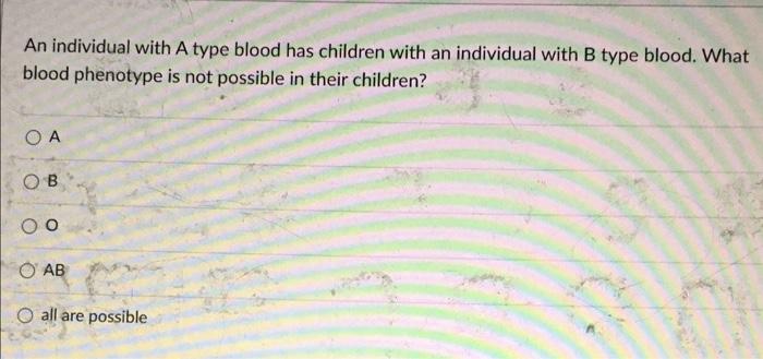 An Individual With A Type Blood Has Children With An Individual With B Type Blood What Blood Phenotype Is Not Possible 1