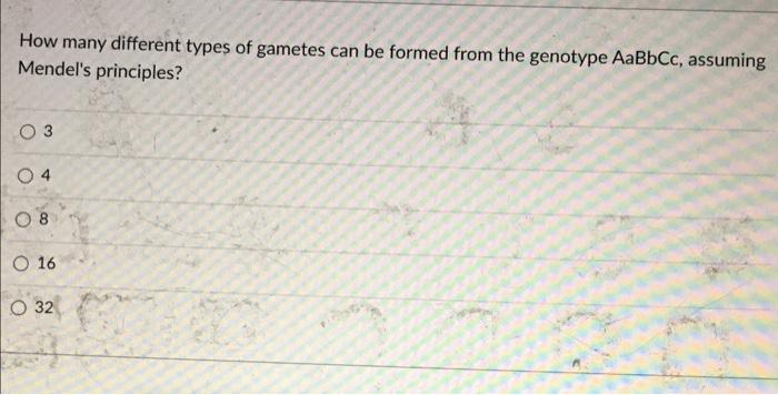How Many Different Types Of Gametes Can Be Formed From The Genotype Aabbcc Assuming Mendel S Principles 3 08 O 16 32 1