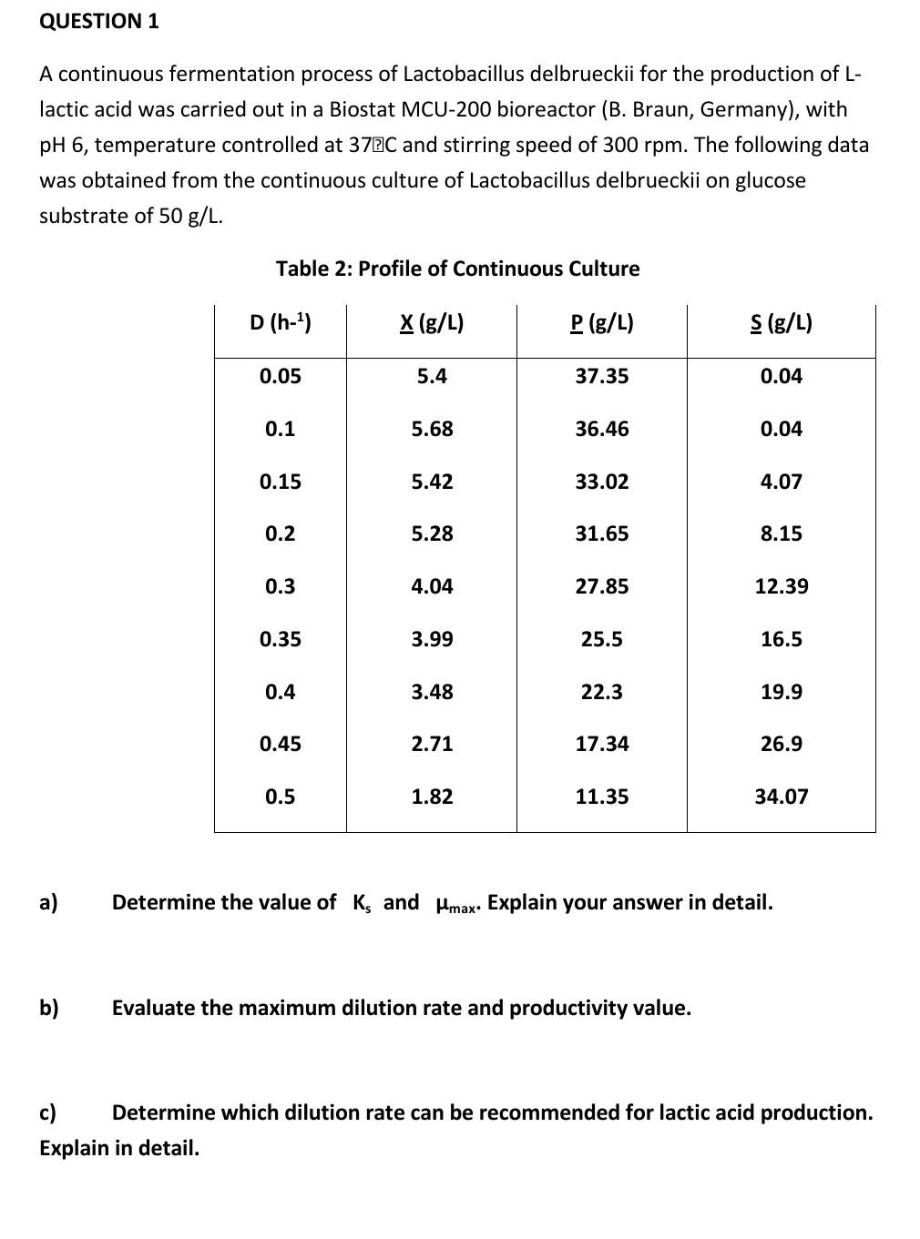 Question 1 A Continuous Fermentation Process Of Lactobacillus Delbrueckii For The Production Of L Lactic Acid Was Carri 1