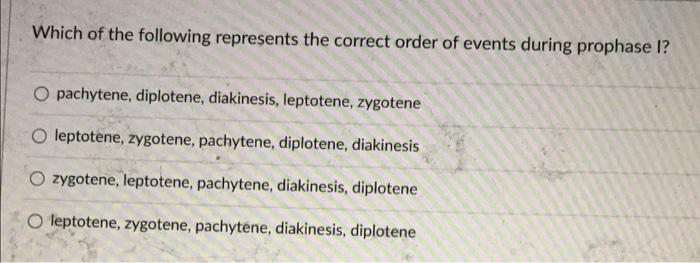 Which Of The Following Represents The Correct Order Of Events During Prophase I O Pachytene Diplotene Diakinesis Lep 1