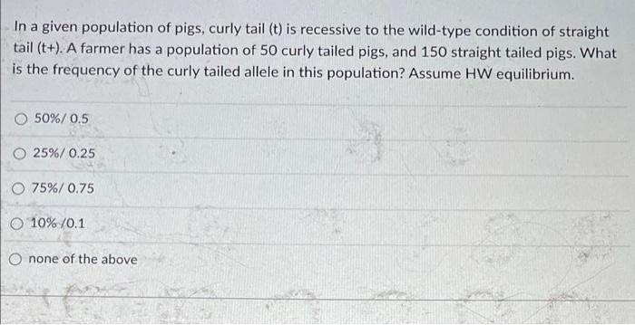 In A Given Population Of Pigs Curly Tail T Is Recessive To The Wild Type Condition Of Straight Tail T A Farmer Ha 1