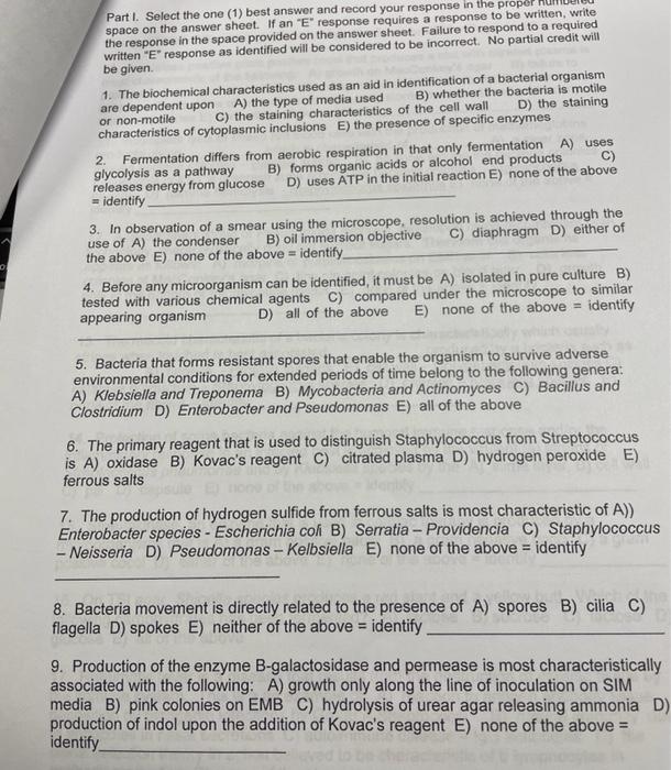 Part I Select The One 1 Best Answer And Record Your Response In The Proper Hu Space On The Answer Sheet If An E Re 1