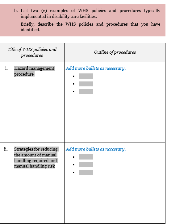 B List Two 2 Examples Of Whs Policies And Procedures Typically Implemented In Disability Care Facilities I Briefly 1