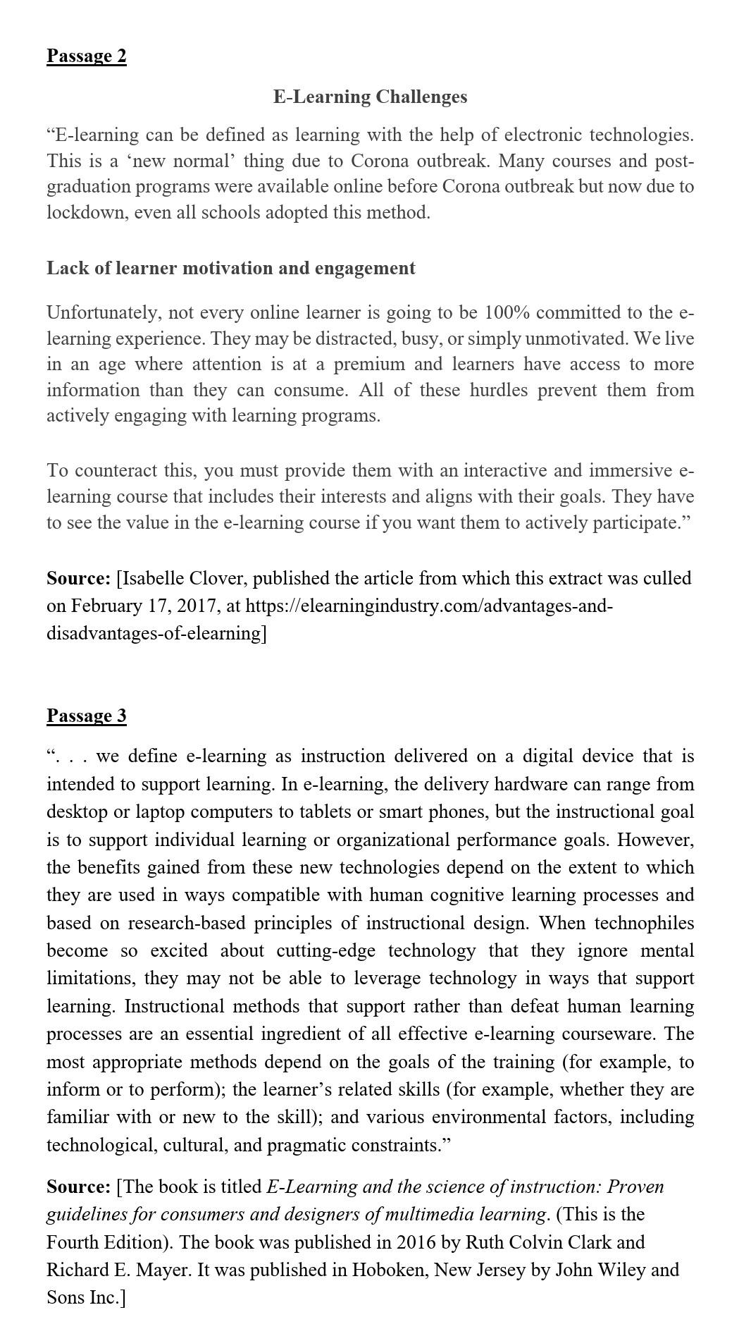 The Three Extracts Which Follow Are On E Learning Read Them Carefully And Do The Following A Write One Short Synthesi 2