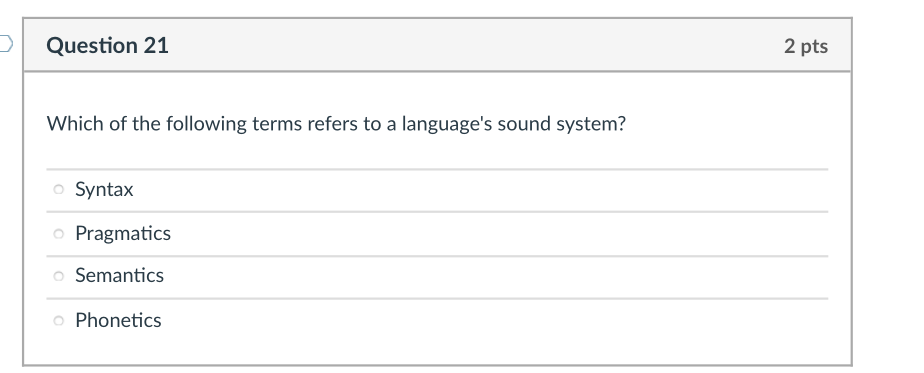 Question 21 Which Of The Following Terms Refers To A Language S Sound System O Syntax O Pragmatics Semantics Phonetics 1