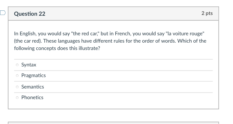 Question 21 Which Of The Following Terms Refers To A Language S Sound System O Syntax O Pragmatics Semantics Phonetics 2