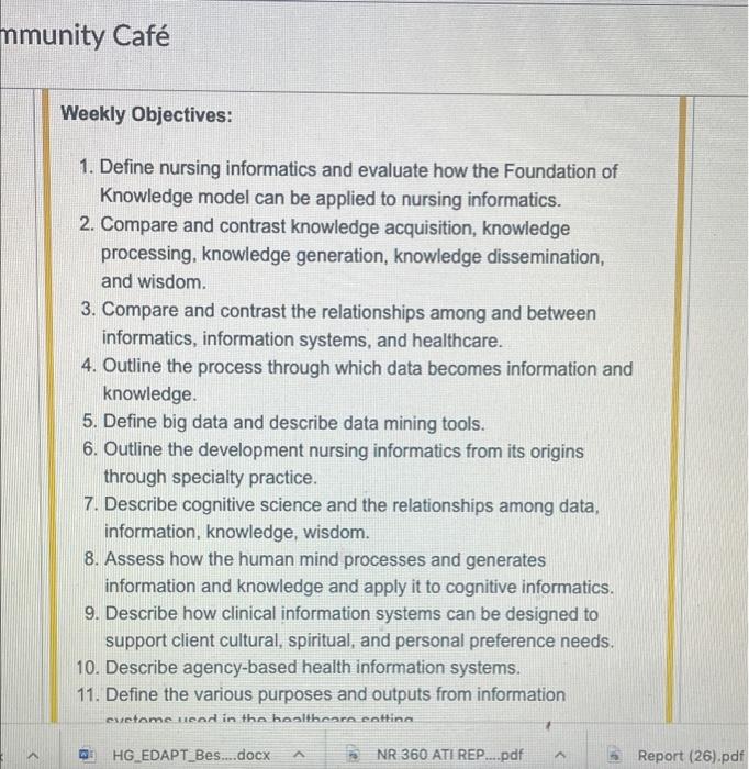 Mmunity Cafe Weekly Objectives 1 Define Nursing Informatics And Evaluate How The Foundation Of Knowledge Model Can B 1