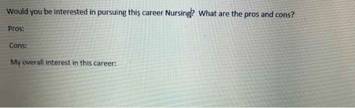 Would You Be Interested In Pursuing This Career Nursing What Are The Pros And Cons Pros Cons My Overall Interest In 1