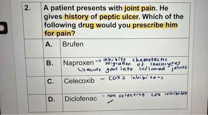 2 A Patient Presents With Joint Pain He Gives History Of Peptic Ulcer Which Of The Following Drug Would You Prescribe 1
