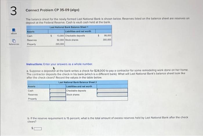 3 Connect Problem Cp 35 09 Algo The Balance Sheet For The Newly Formed Last National Bank Is Shown Below Reserves Lis 1