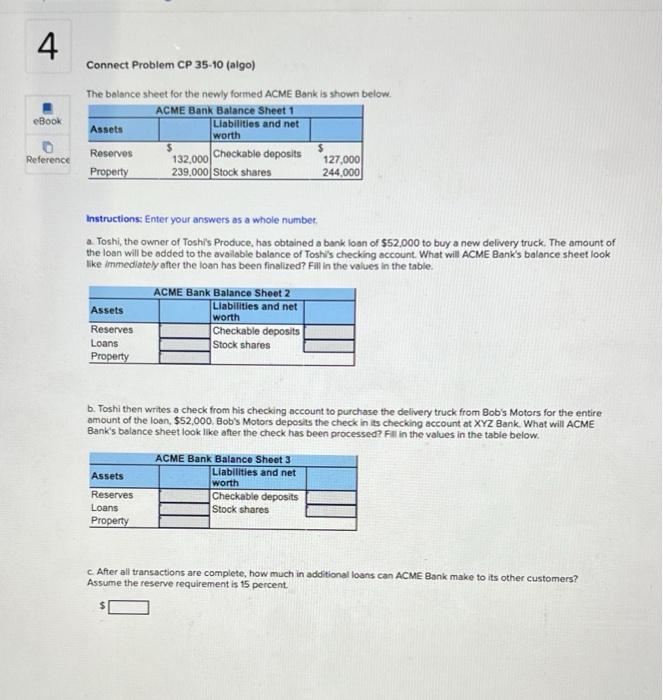 4 Ebook Connect Problem Cp 35 10 Algo The Balance Sheet For The Newly Formed Acme Bank Is Shown Below Acme Bank Balan 1