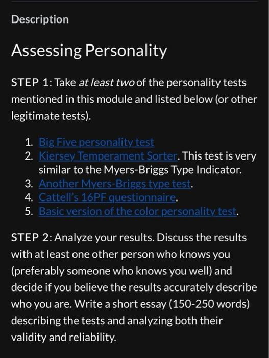 Description Assessing Personality Step 1 Take At Least Two Of The Personality Tests Mentioned In This Module And Listed 1