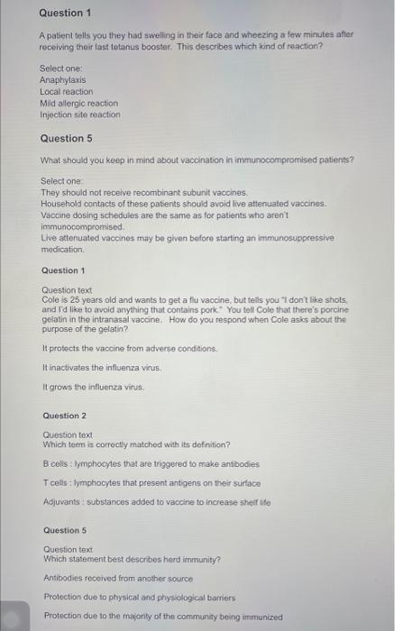 Question 1 A Patient Tells You They Had Swelling In Their Face And Wheezing A Few Minutes After Receiving Their Last Tet 1