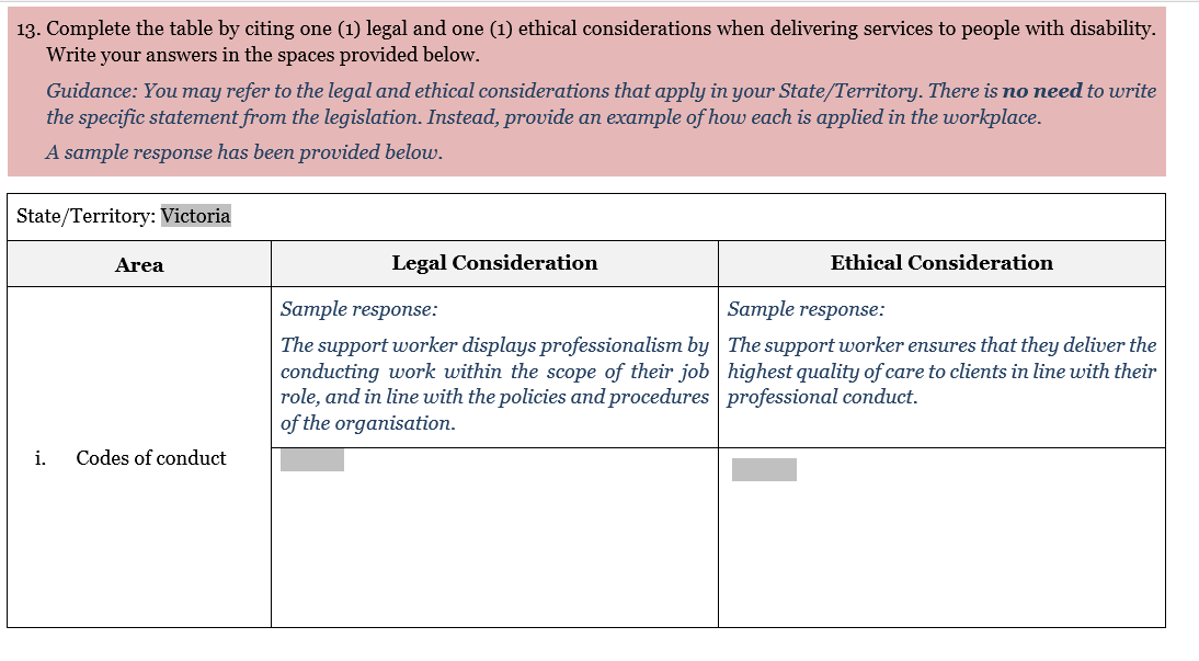 13 Complete The Table By Citing One 1 Legal And One 1 Ethical Considerations When Delivering Services To People Wit 1