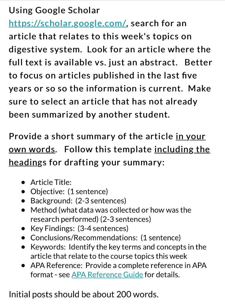 Using Google Scholar Https Scholar Google Com Search For An Article That Relates To This Week S Topics On Digestive 1