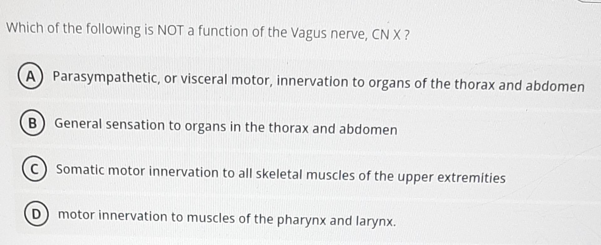 Which Of The Following Is Not A Function Of The Vagus Nerve Cn X A Parasympathetic Or Visceral Motor Innervation To 1