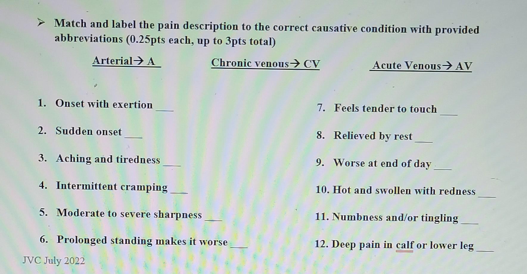 Match And Label The Pain Description To The Correct Causative Condition With Provided Abbreviations 0 25pts Each Up 1