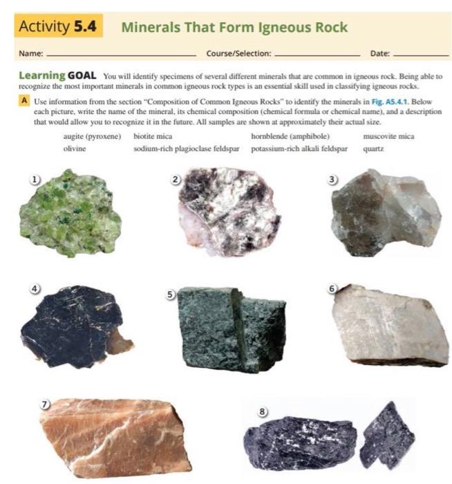 Activity 5 4 Minerals That Form Igneous Rock Name Course Selection Learning Goal You Will Identify Specimens Of Severa 1