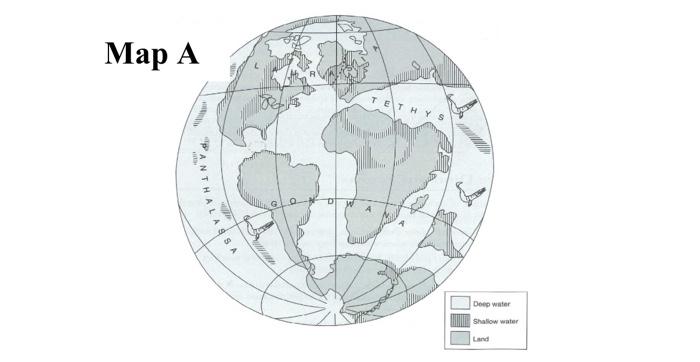 Map A Www Www Panthalassa 4 Tet 9 Deep Water Shallow Water Land Map B Map A Map A Thalassa 0 Tethys Deep Water Snatiow 1