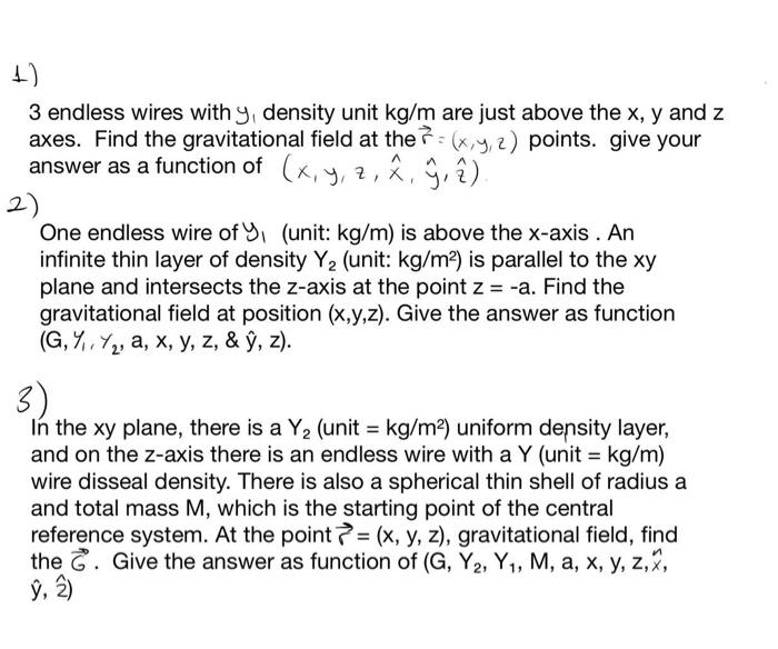 3 Endless Wires With Y Density Unit Kg M Are Just Above The X Y And Z Axes Find The Gravitational Field At The X Y Z 1