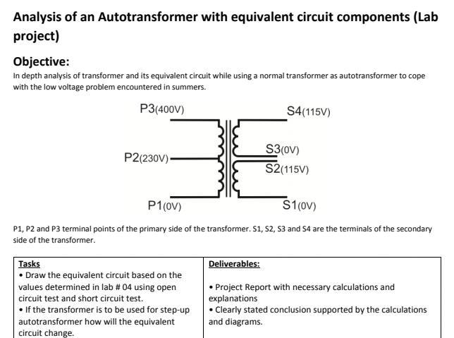 Analysis Of An Autotransformer With Equivalent Circuit Components Lab Project Objective In Depth Analysis Of Transfor 1