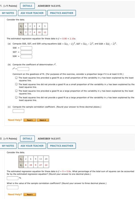 1 1 Points Details Aswesbe9 14 8 015 Ask Your Teacher Practice Another My Notes Consider The Data 1012 The Estimat 1