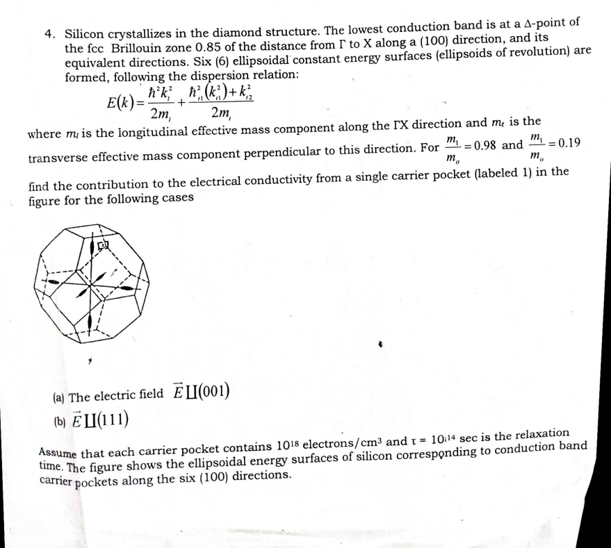 4 Silicon Crystallizes In The Diamond Structure The Lowest Conduction Band Is At A A Point Of The Fcc Brillouin Zone 0 1