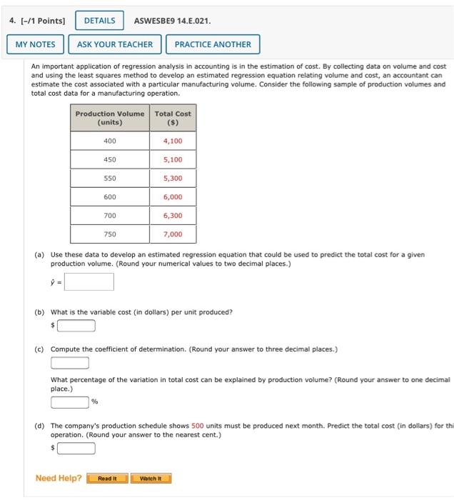1 1 Points Details Aswesbe9 14 8 015 Ask Your Teacher Practice Another My Notes Consider The Data 1012 The Estimat 3