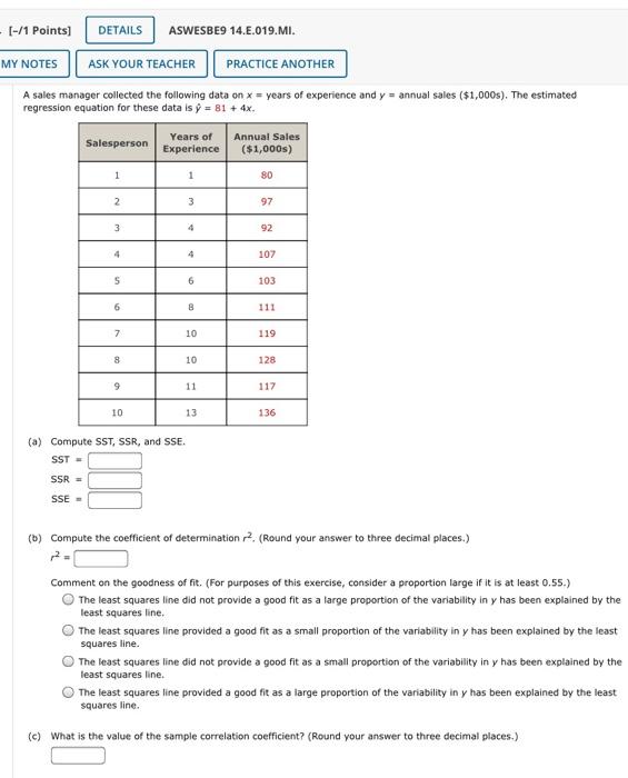1 1 Points Details Aswesbe9 14 8 015 Ask Your Teacher Practice Another My Notes Consider The Data 1012 The Estimat 4