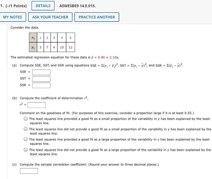 1 1 Points Details Aswesbe9 14 8 015 Ask Your Teacher Practice Another My Notes Consider The Data 1012 The Estimat 5