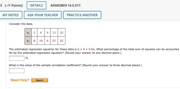 1 1 Points Details Aswesbe9 14 8 015 Ask Your Teacher Practice Another My Notes Consider The Data 1012 The Estimat 7