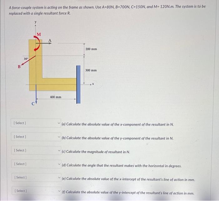 A Force Couple System Is Acting On The Frame As Shown Use A 80n B 700n C 150n And M 120n M The System Is To Be Rep 1